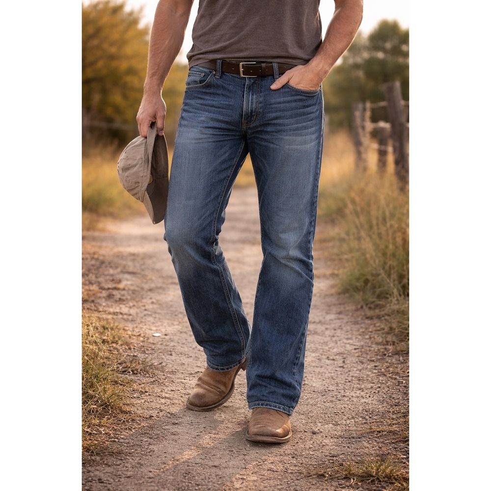 Mens Bootcut Jeans 36x30 Flap Pocket Embroidered Western Denim Faded Flypaper